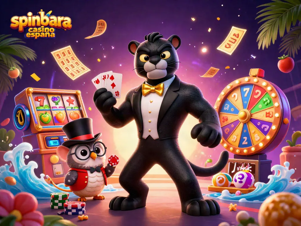 Engage with spinbara casino españa as the black panther deals cards amidst vibrant dynamic gambling elements.