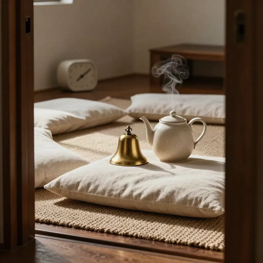 Círculo de cojines de meditación, campana, tetera humeante y temporizador en una sala serena.