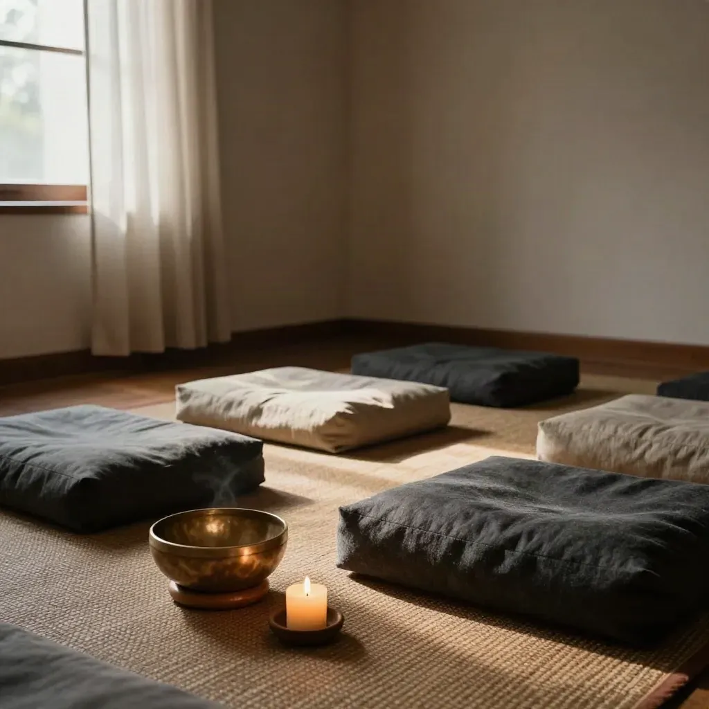 Sala de meditación vacía con zafus, cuenco tibetano, vela y cortina de lino movida por la brisa.