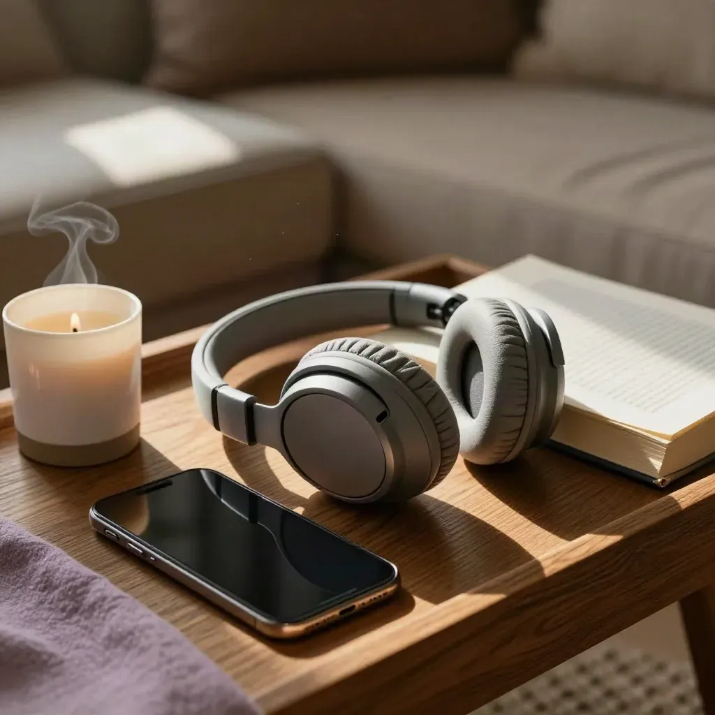 Auriculares de tela, móvil apagado, vela y taza junto a un libro cerrado en una escena cálida.