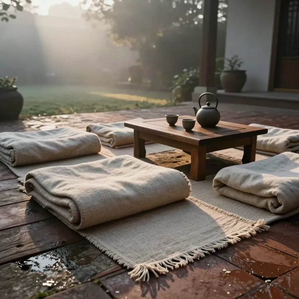 Patio de retiro al amanecer con mantas enrolladas, esterillas, mesa de té y piedra antigua.