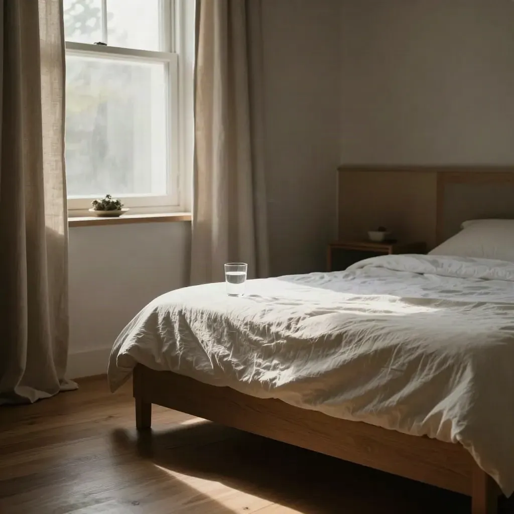 Dormitorio vacío y ordenado al amanecer, con cama hecha, vaso de agua y salvia apagada.