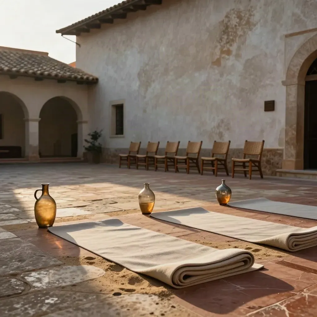 Patio toledano sereno con esterillas enrolladas, jarras de agua y sillas vacías al amanecer.