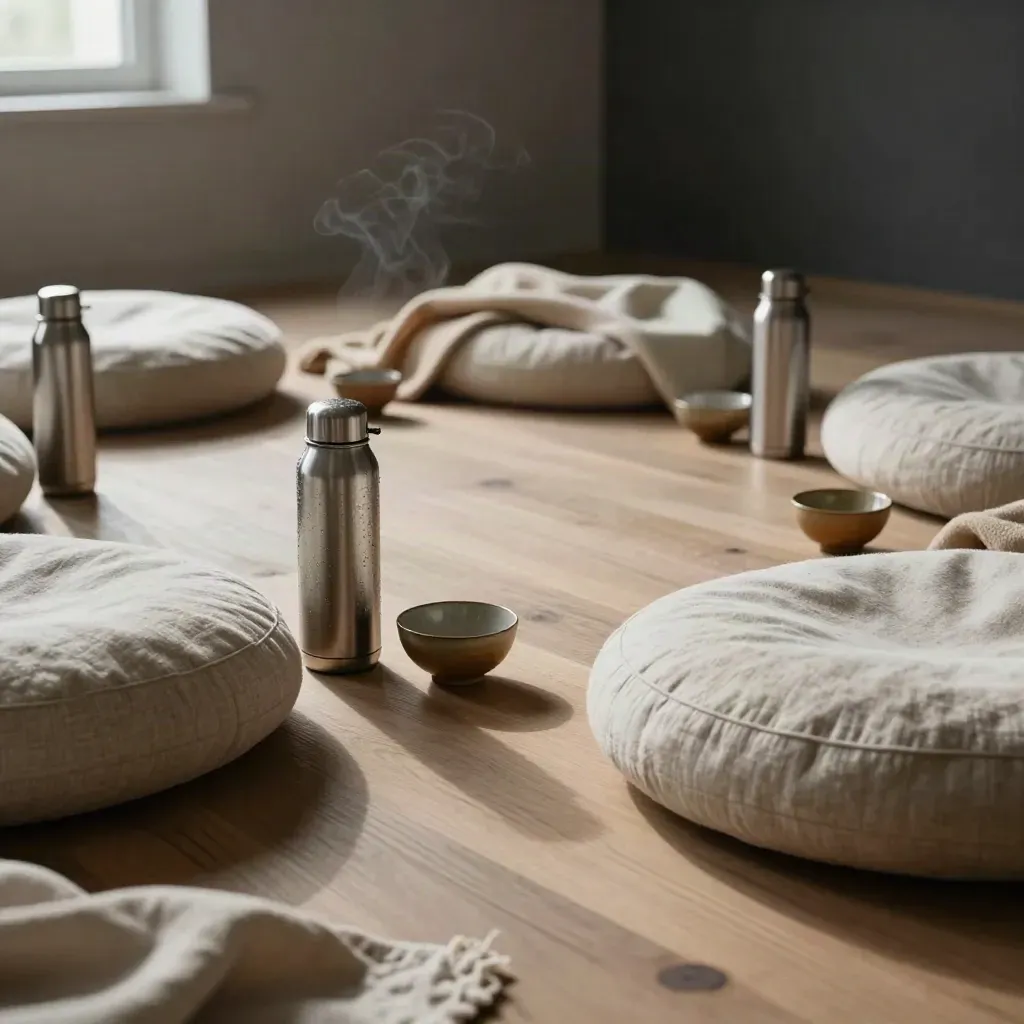 Círculo de cojines, termos de té, mantas y cuencos sobre madera clara, listo para un taller sereno.