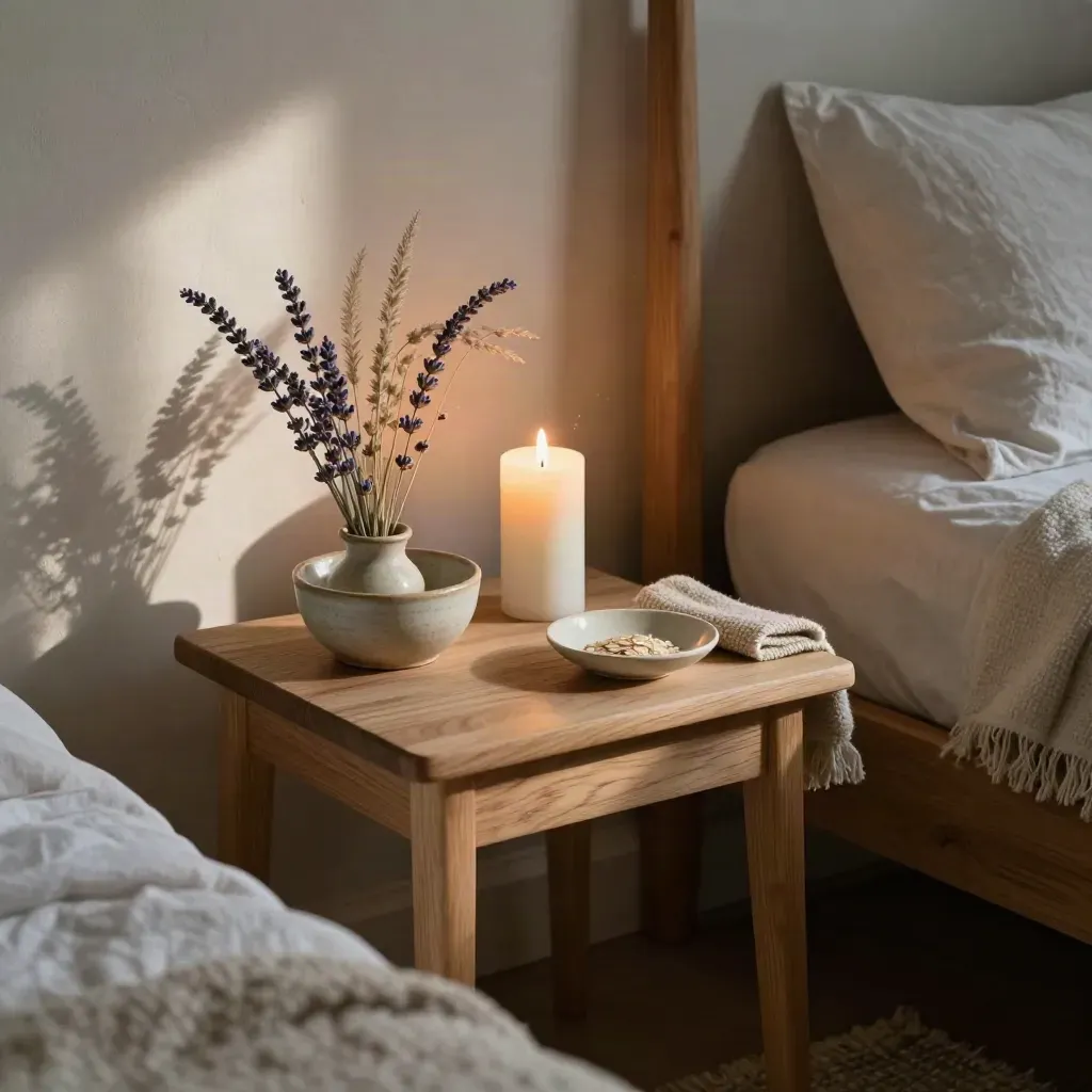 Altar junto a la cama con vela blanca, flores secas, cuenco de cerámica y manta plegada.