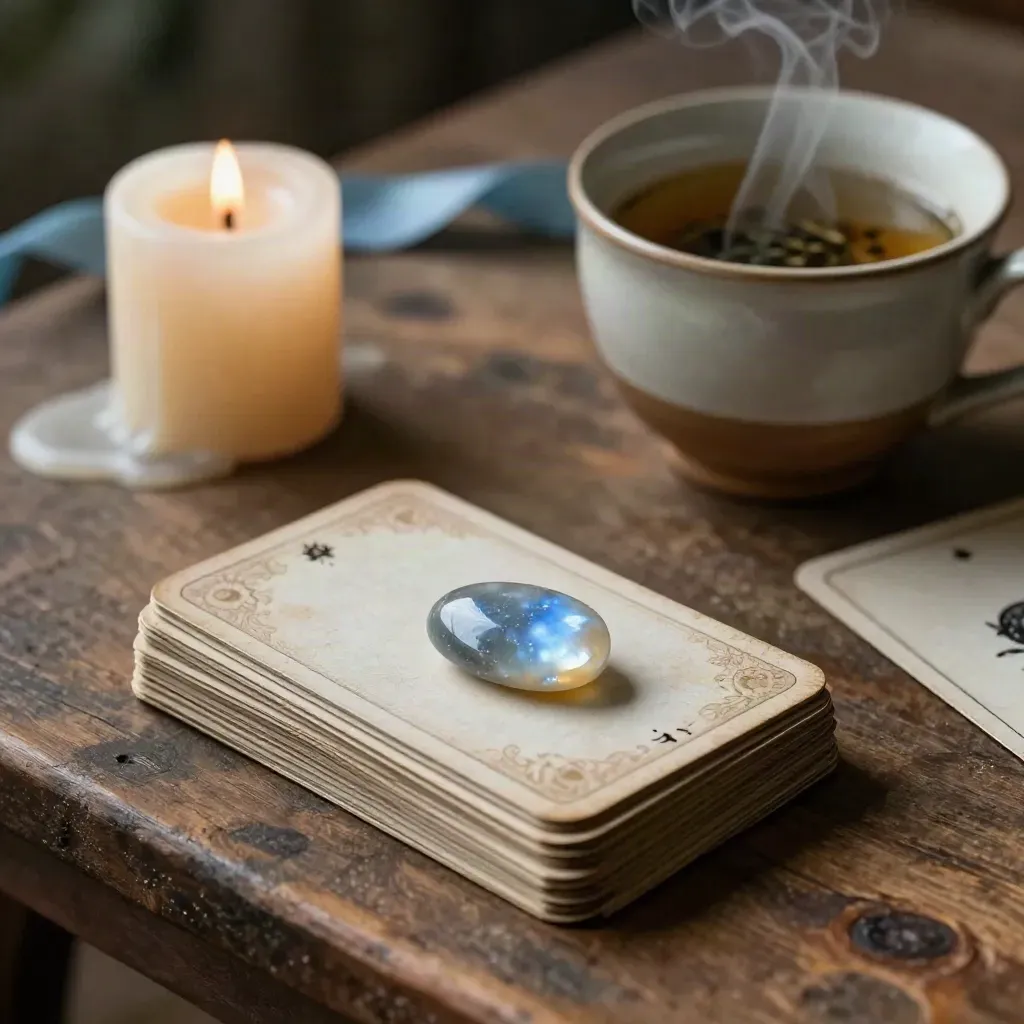 Cartas oraculares boca abajo, piedra luna, vela y taza humeante sobre mesa baja.