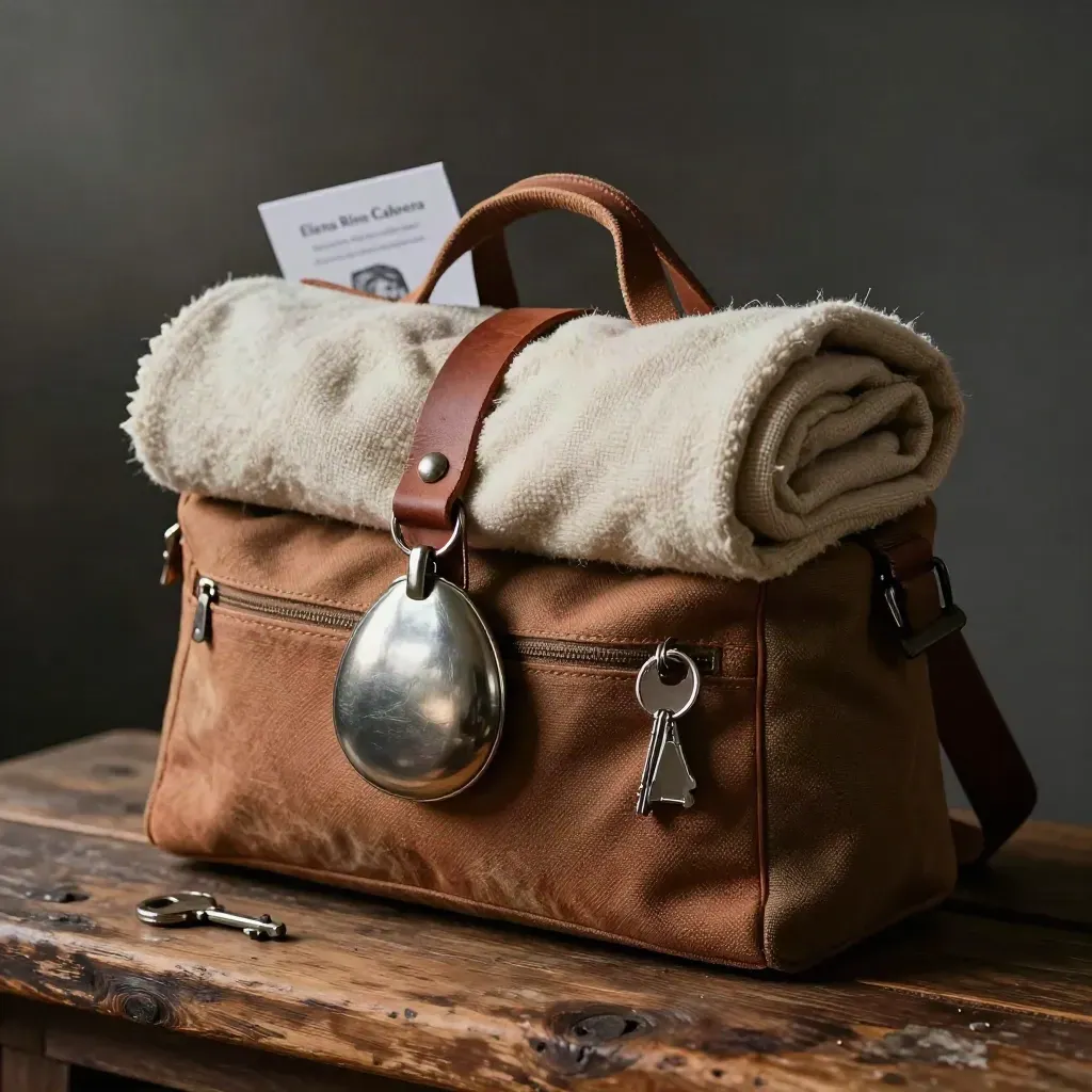 Kit de retiro con mochila de lona, manta enrollada, cantimplora y llavero sobre banco de madera.