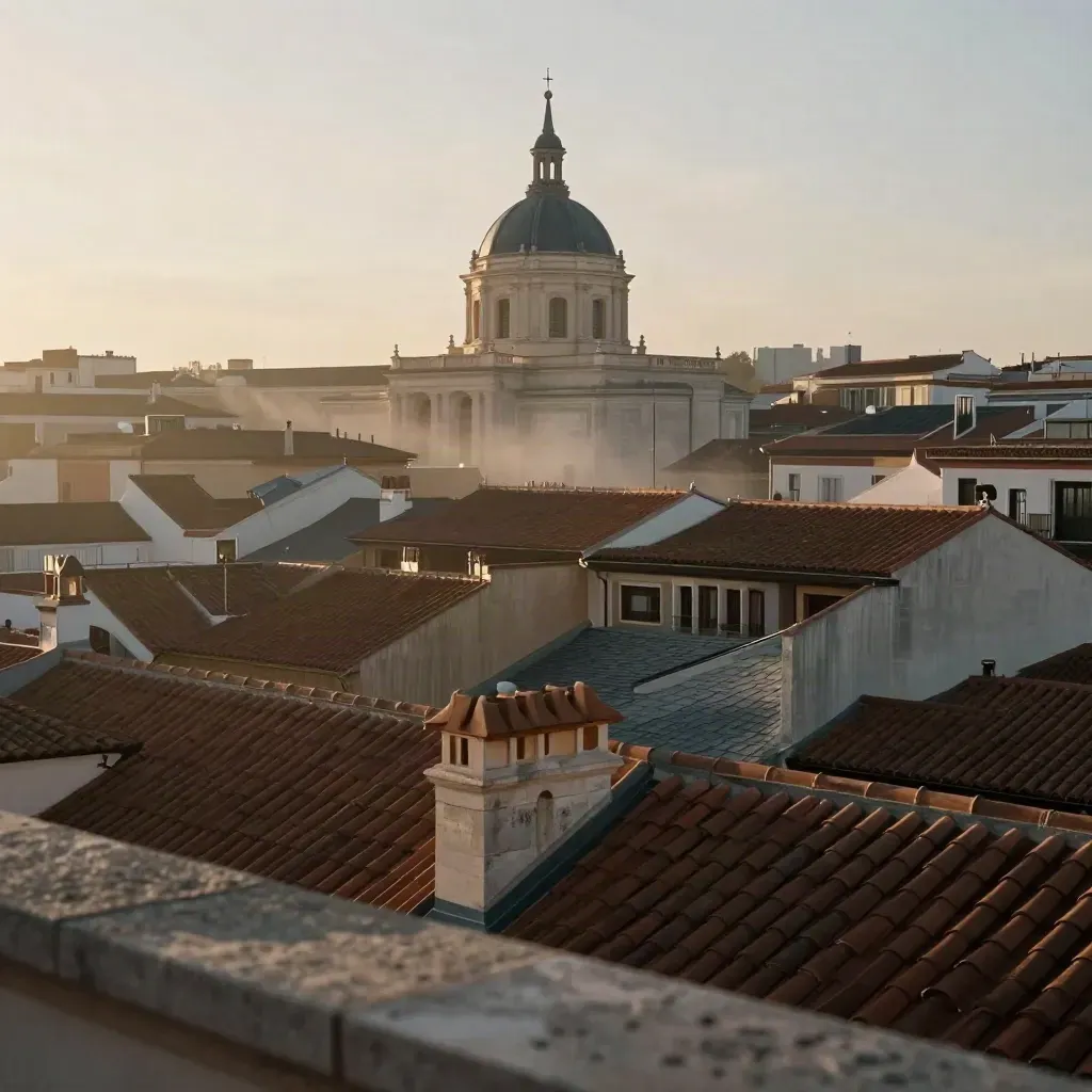 Tejados madrileños al alba con una cúpula histórica sobre bruma dorada.