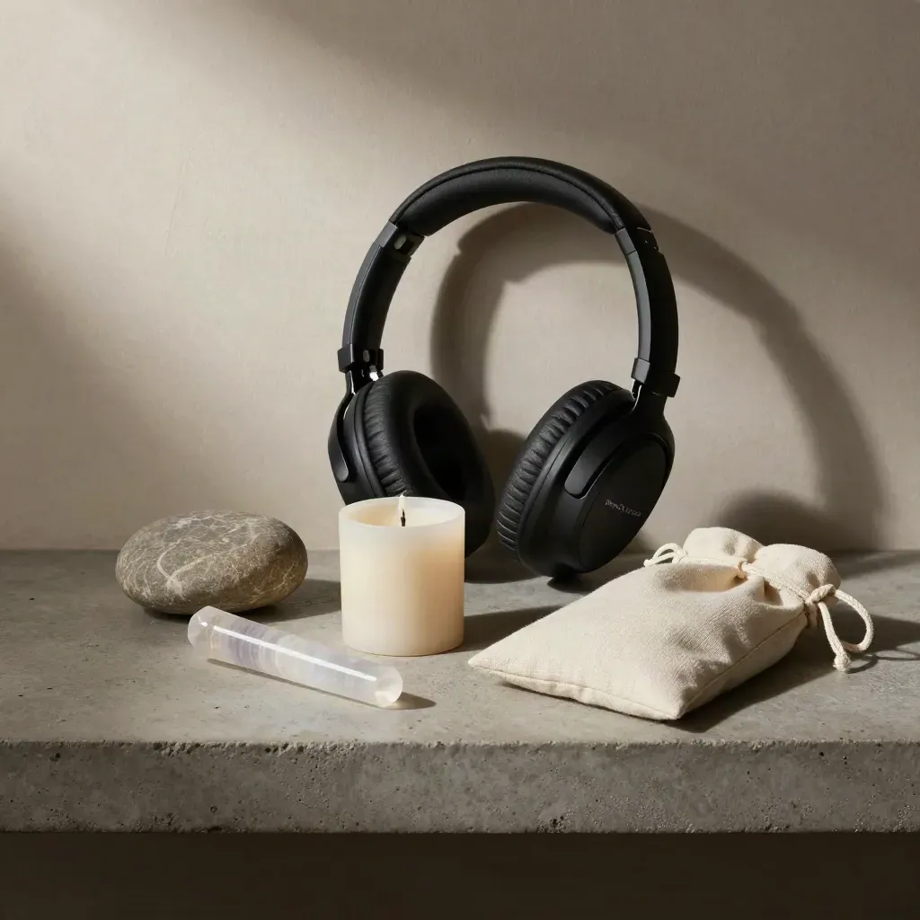 Kit doméstico de meditación con auriculares, vela, selenita, piedra pulida y bolsa de lino.