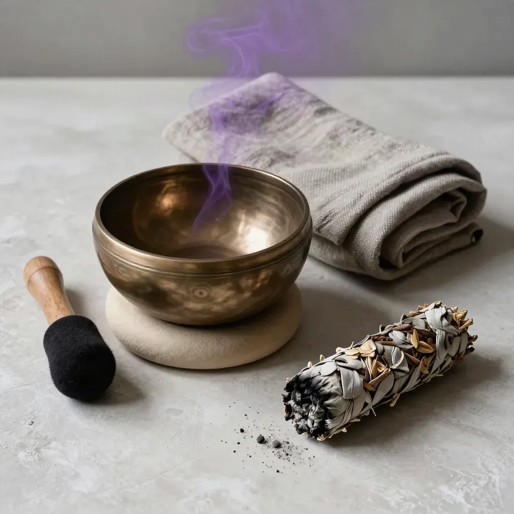 Cuenco tibetano, manta doblada y salvia apagada sobre fondo claro con luz suave.
