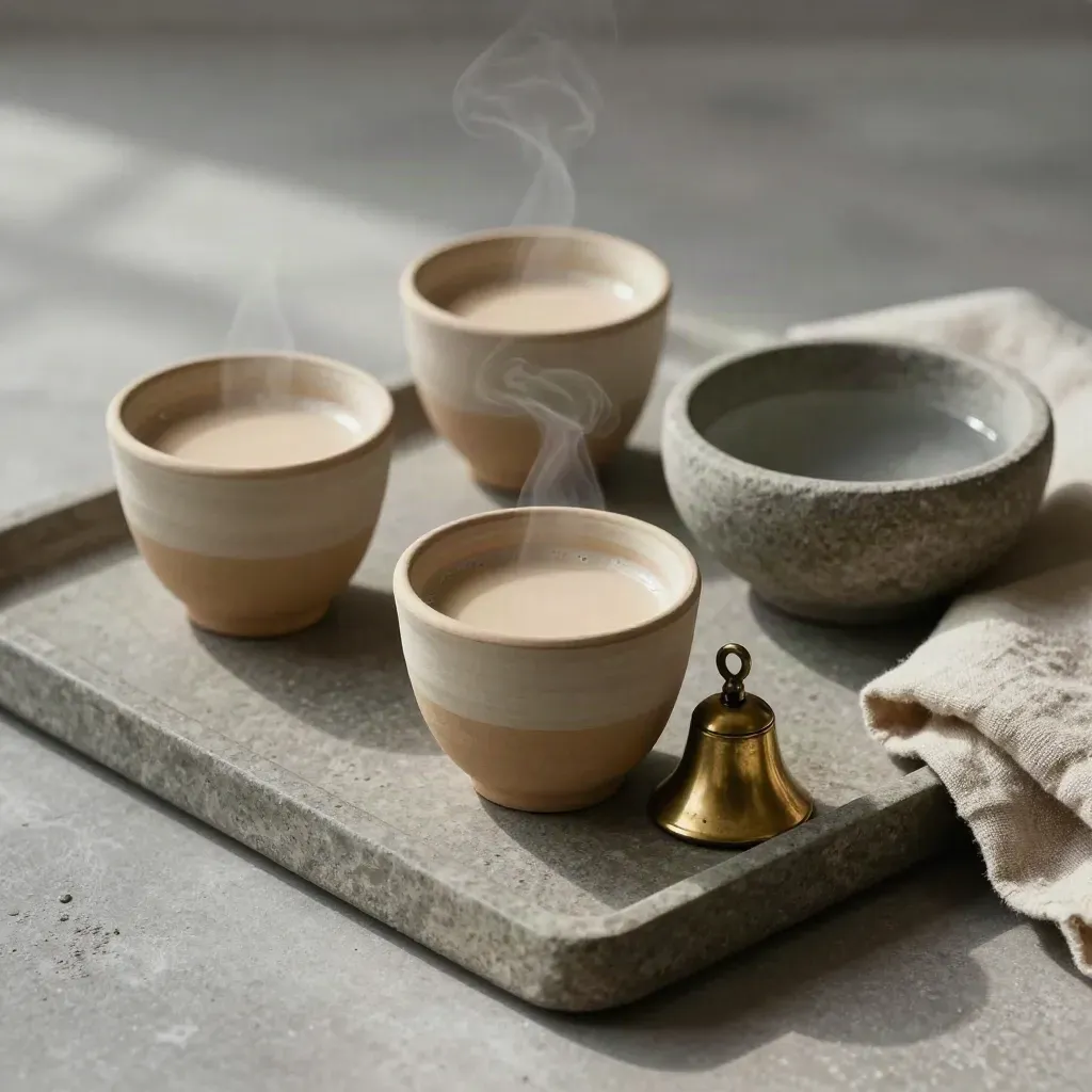 Dos tazas de infusión, una campana pequeña y un cuenco de agua sobre bandeja de piedra.