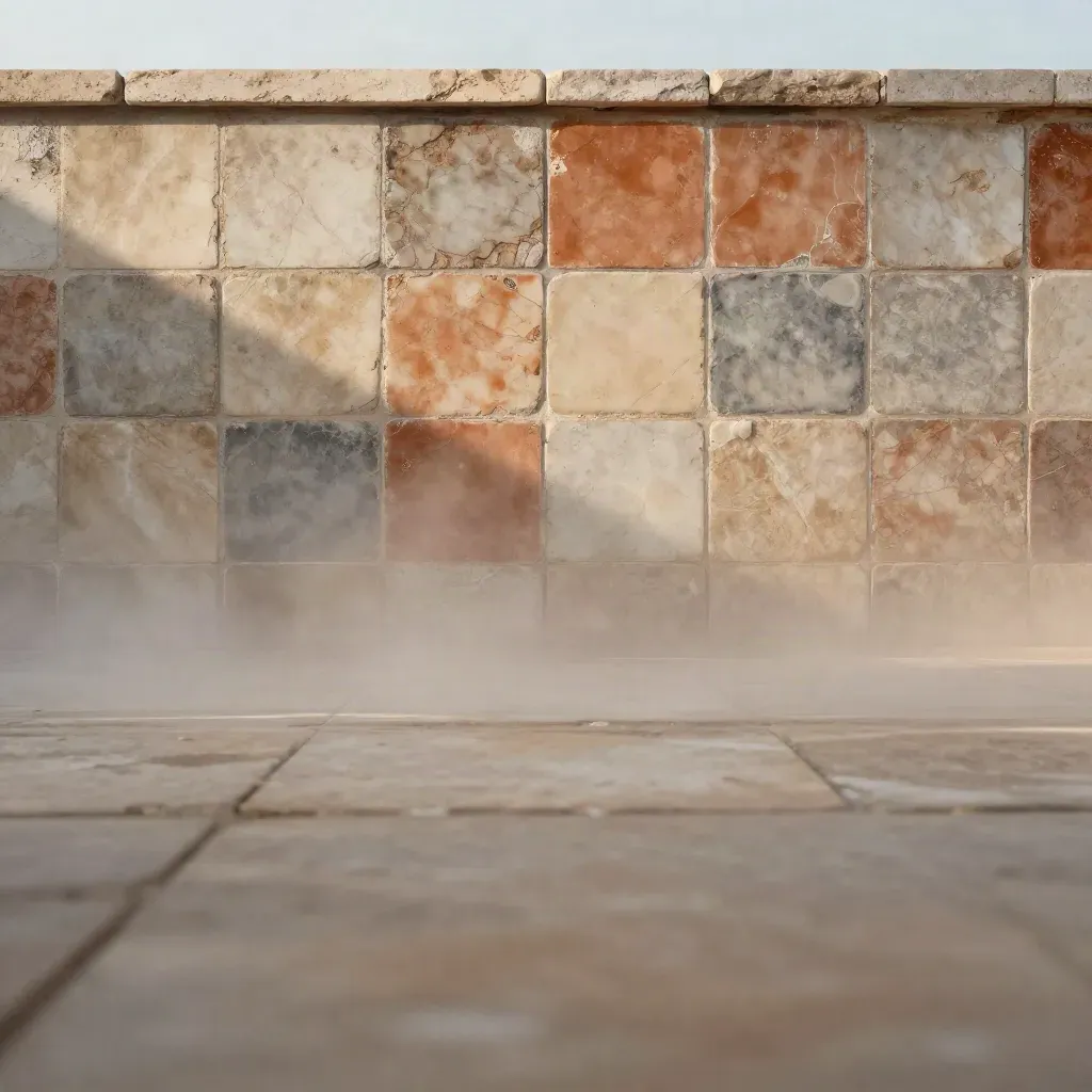 Azulejo valenciano y piedra clara con bruma salina y espacio calmado para texto.