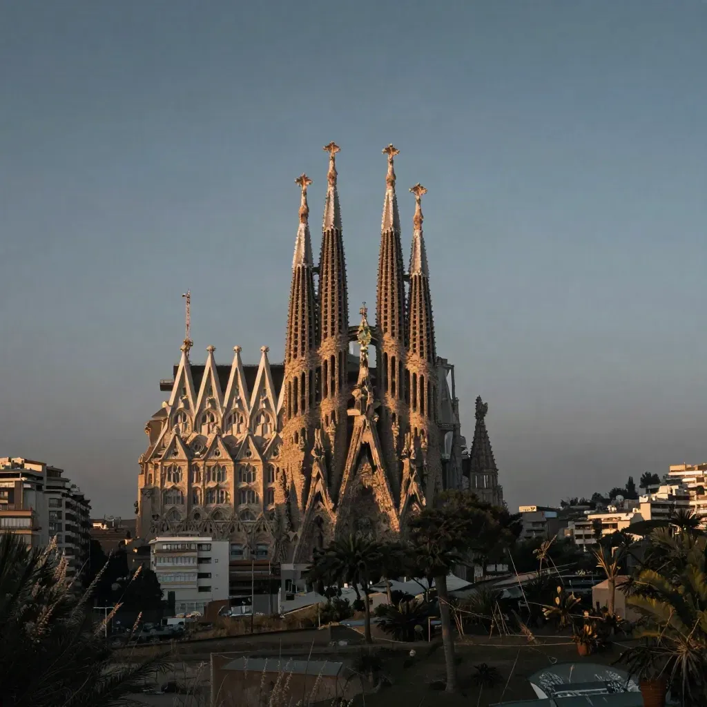 Vista de Barcelona al amanecer con la Sagrada Família lejana sobre bruma azul gris.