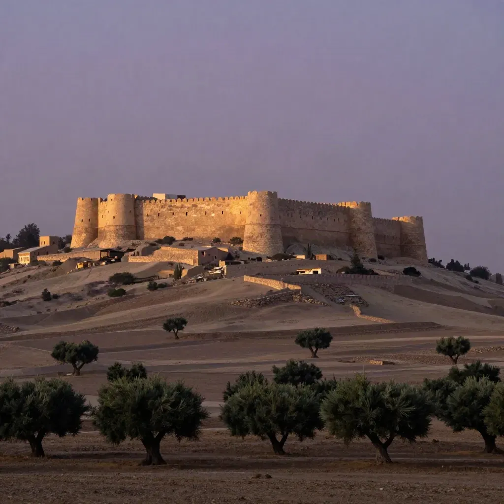 Fortaleza nazarí sobre la colina entre olivares y bruma dorada en Andalucía.